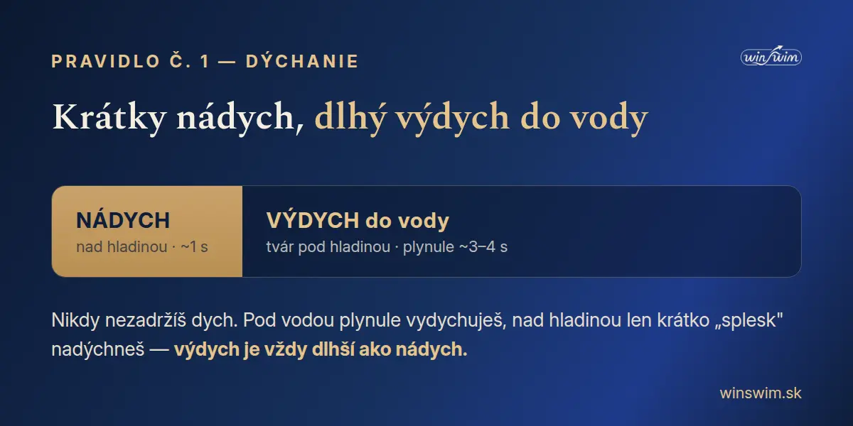 Rytmus dýchania: krátky nádych nad hladinou, dlhý výdych do vody